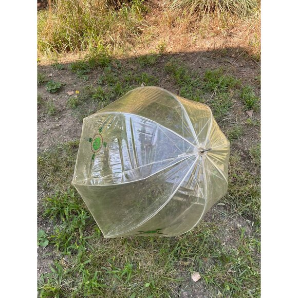 Vintage 1960s Clear Vinyl Bubble Umbrella Green Flowers & Handle - Picture 16 of 16